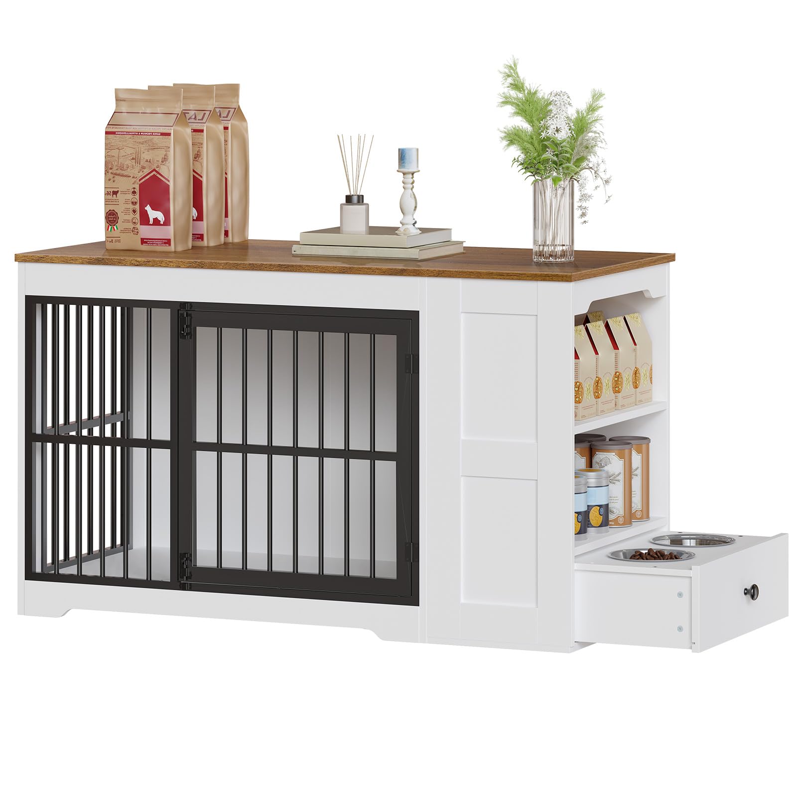 47.2" Dog Crate Furniture with Storage Shelf and Feeding Bowls