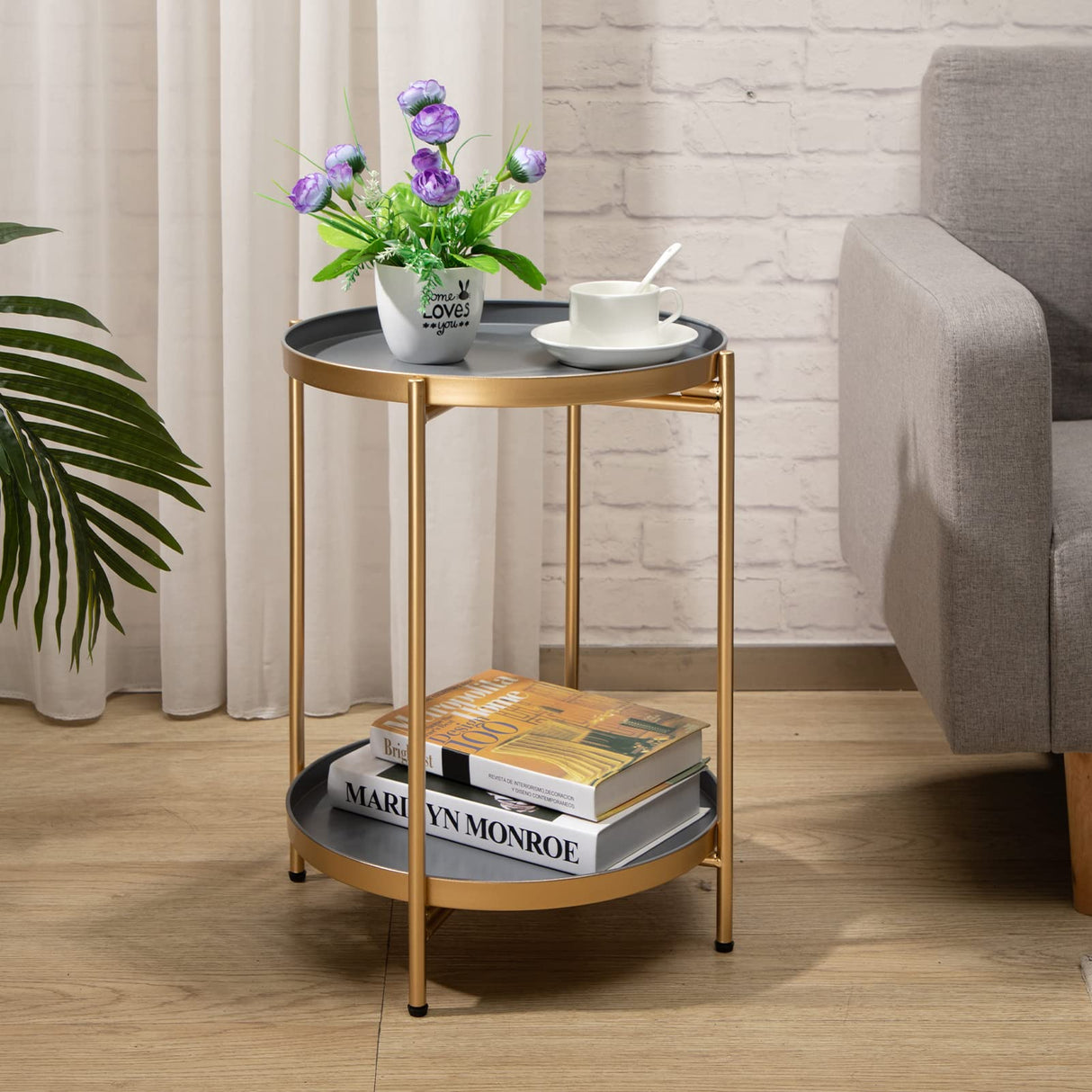 2-Tier Round Metal End Side Table, Accent Anti-Rust Simplistic Sofa Table