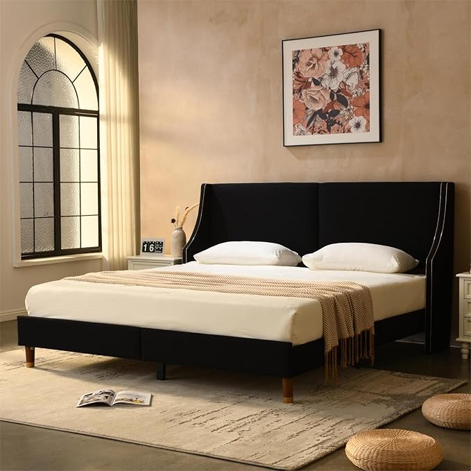 Queen-Size upholstered Platform Bed Frame, wingback headboard with Gold Lines,