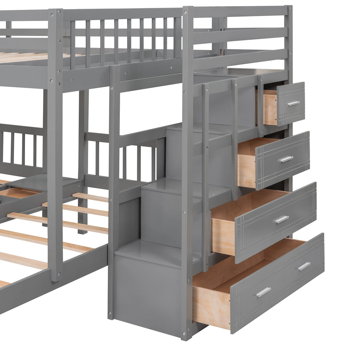 Bed with Stairs and Storage Drawers Full Over Twin & Twin 3 Bunk Beds for Kids Wooden