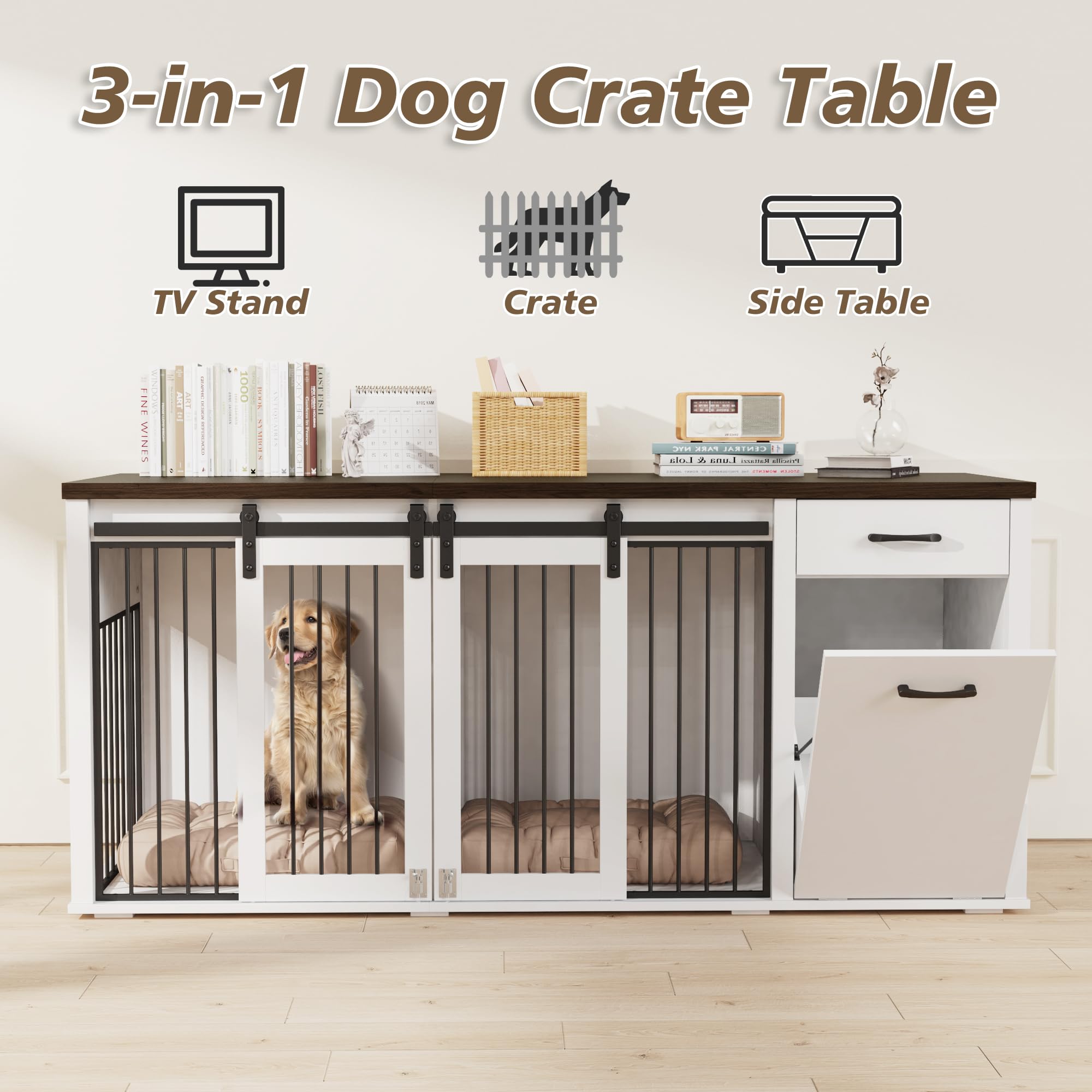 71" Double Dog Crate with Storage - Furniture Style Wooden Kennel