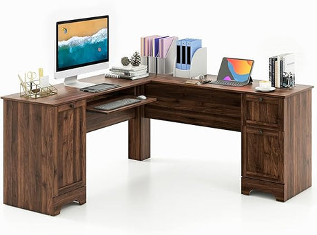 L-Shaped Office Desk with Storage Drawers & Keyboard Tray, Home Office Corner