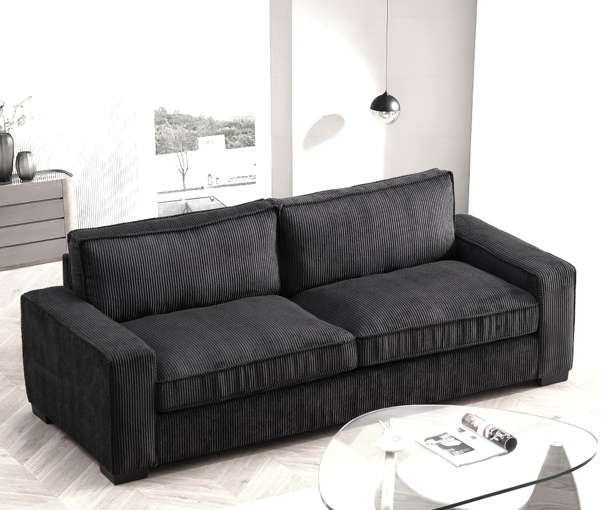 Luxe Living Room Sofa with Soft Corduroy Upholstery, Streamlined Design, Ample and Cozy 3 Seater Couch for Modern Spaces, Ideal for Entertainment and Relaxation