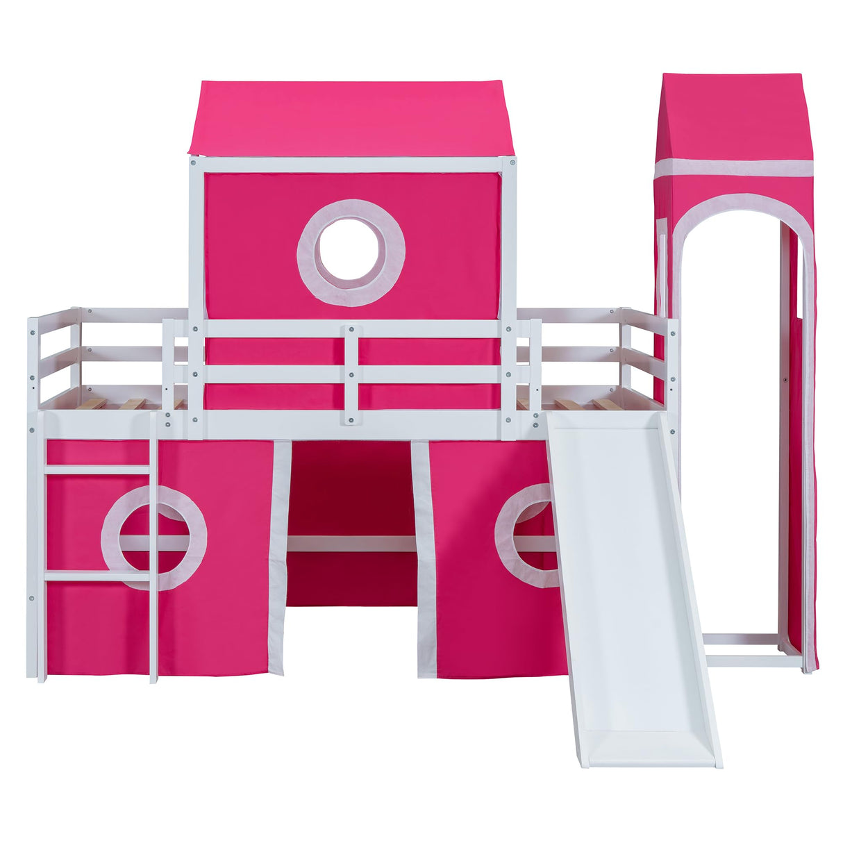 Twin Size Loft Bed with Slide for Kids Bedroom,Wooden Bedframe w/House Shaped