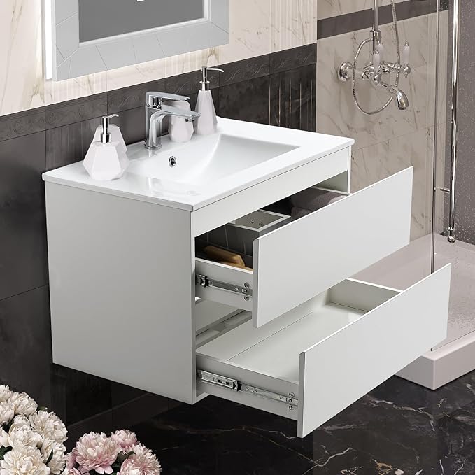 36" White Bathroom Vanity Wall Mounted Floating Vanity Two Drawers Storage Cabinet