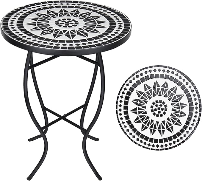 Mosaic Outdoor Side Table, Round Rustproof Patio Tables with 14" Ceramic Tile Top