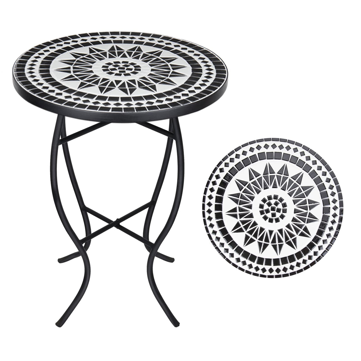 VCUTEKA Mosaic Outdoor Side Table, 14" Round Small Patio Accent Table Indoor End Table for Yard, Garden, Living Room, Bistro Balcony or Lawn Black - Bircata