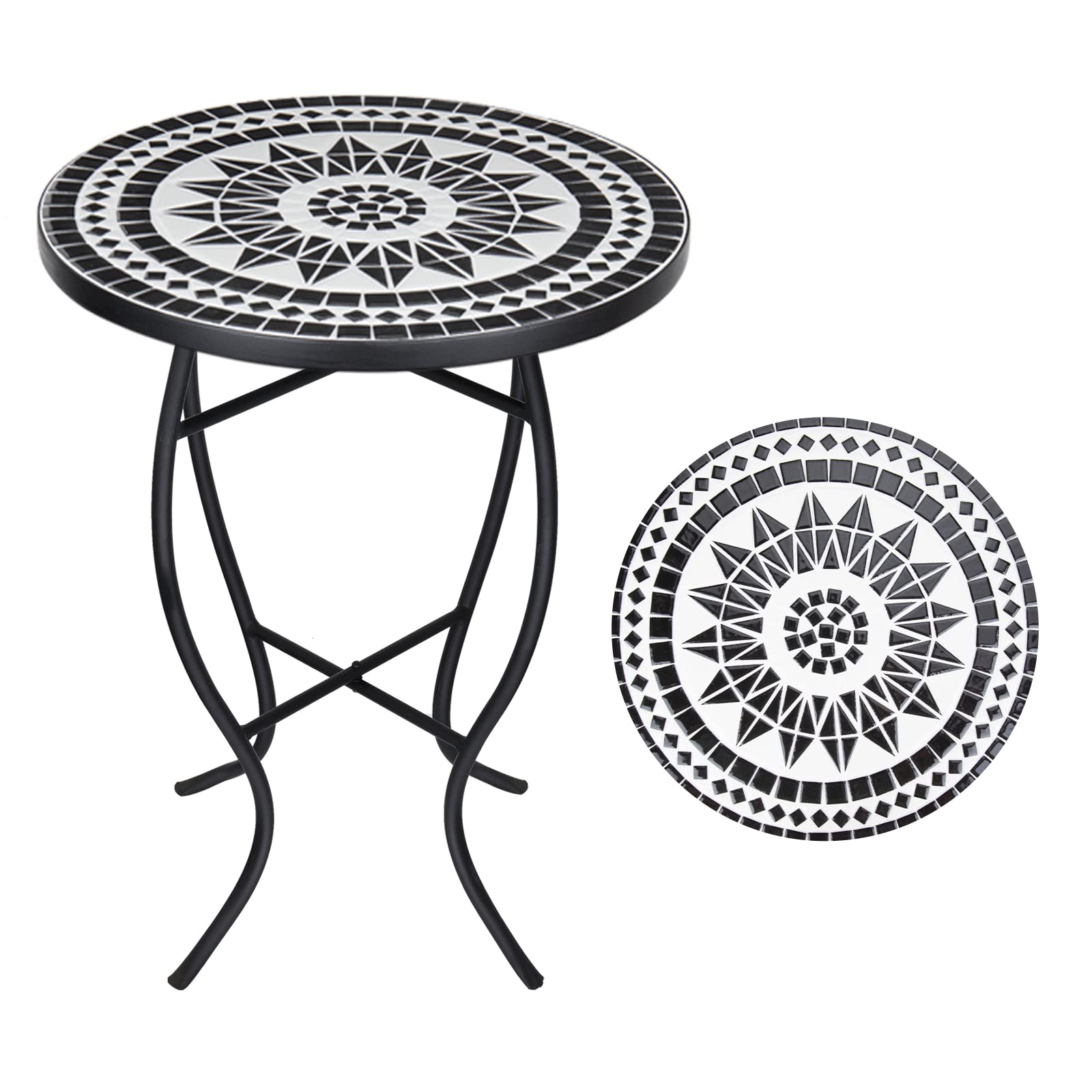 VCUTEKA Mosaic Outdoor Side Table, 14" Round Small Patio Accent Table Indoor End Table for Yard, Garden, Living Room, Bistro Balcony or Lawn Black - Bircata