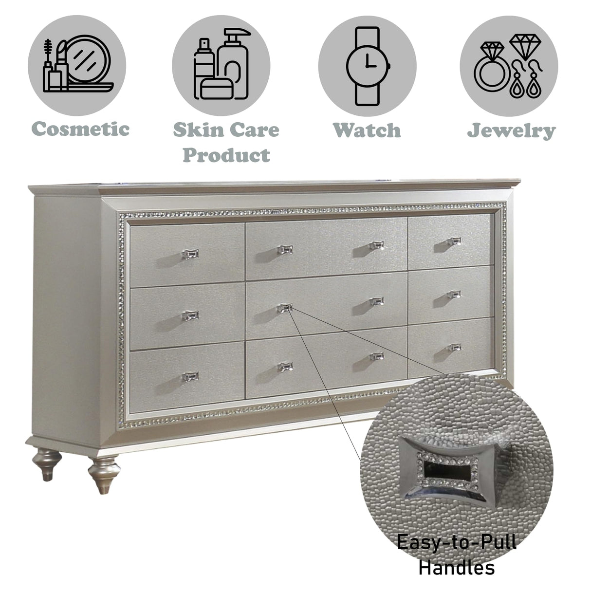 Acme Kaitlyn Rectangular Wood 9-Drawer Dresser with in Champagne White