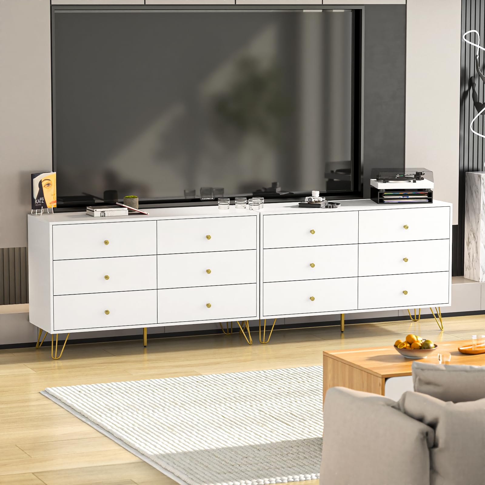 White Dresser for Bedroom, 6 Drawer Dresser with Golden Handles and Golden Legs