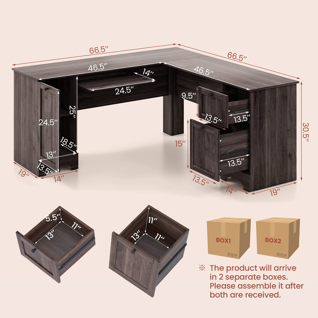 L-Shaped Office Desk with Storage Drawers & Keyboard Tray, Home Office Corner