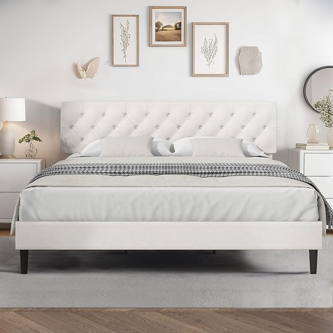 King Size Bed Frame and Headboard, Upholstered Bed Frame King Linen Fabric