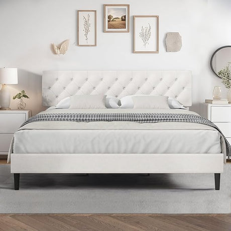 King Size Bed Frame and Headboard, Upholstered Bed Frame King Linen Fabric