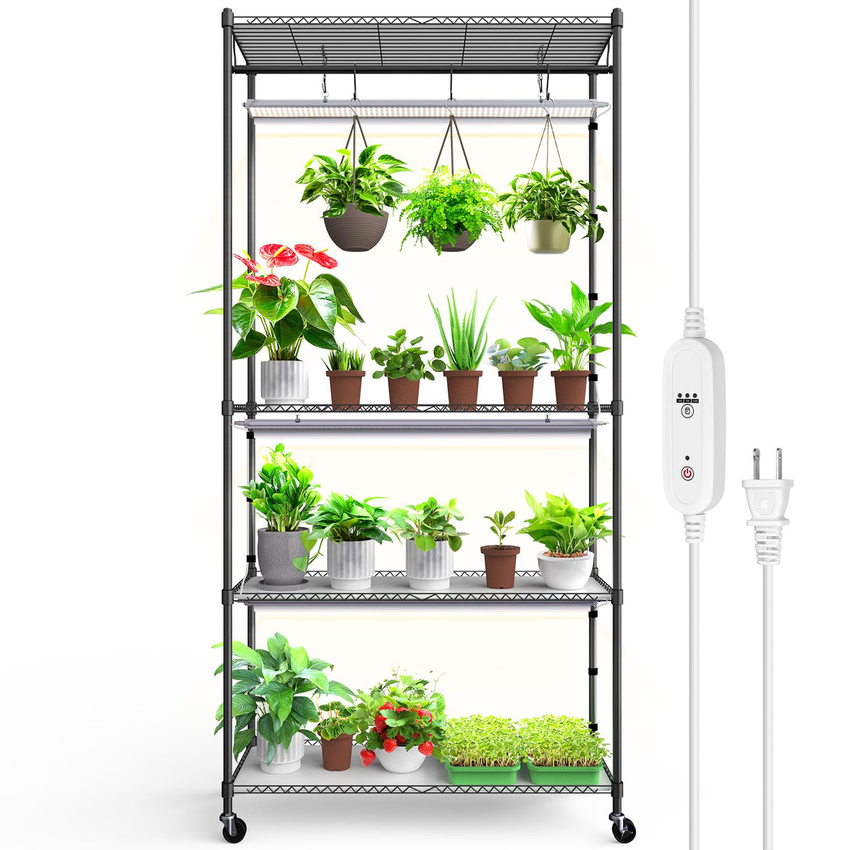 Barrina Plant Stand with Grow Light, 3FT T5 5000K 36W 3 Packs LED Full Spectrum Indoor DIY Plant Shelf with Grow Light Flower Pot Stand Display Rack, 4-Tier 35.4"x13.8"x70.9", Wheel, Built-in Timer