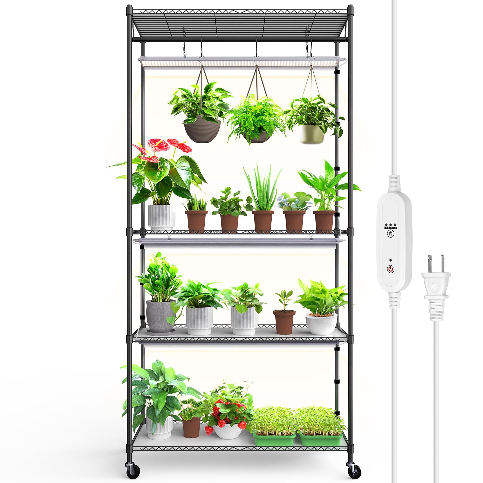 Barrina Plant Stand with Grow Light, 3FT T5 5000K 36W 3 Packs LED Full Spectrum Indoor DIY Plant Shelf with Grow Light Flower Pot Stand Display Rack, 4-Tier 35.4"x13.8"x70.9", Wheel, Built-in Timer