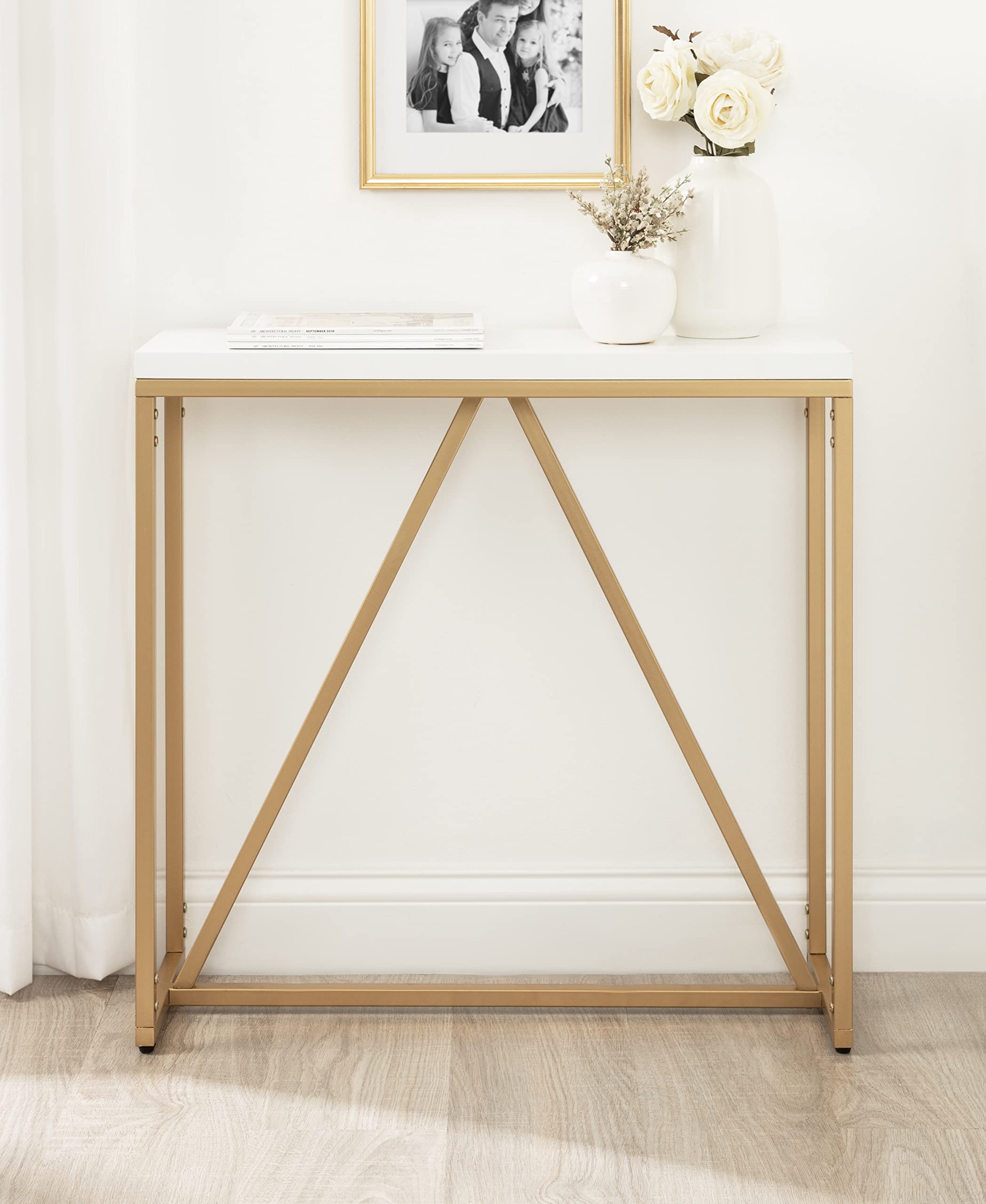 Laurel Kaya Modern Glam Console Table, 30 x 30 x 10, White and Painted Gold, Rectangle