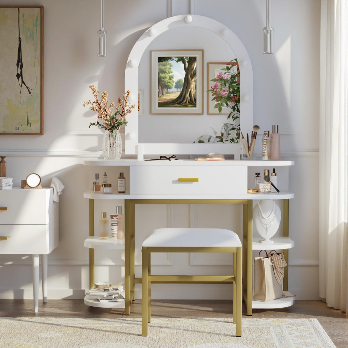 White Vanity Desk with Mirror and 9 LED Light Bulbs, Makeup Vanity Desk with Drawers and Stool