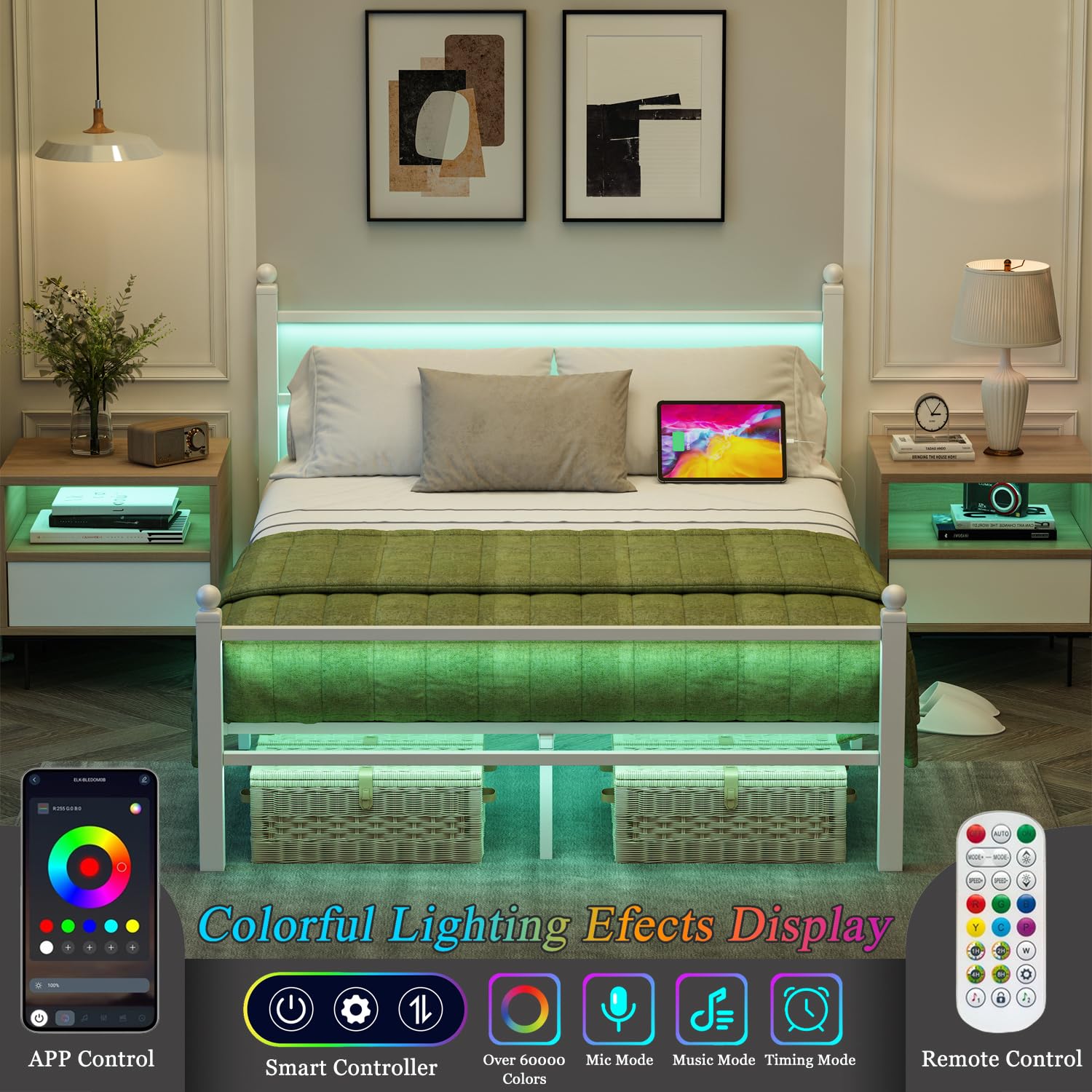 Full Size Metal Bed Frame with LED Lights & Charging Station - White