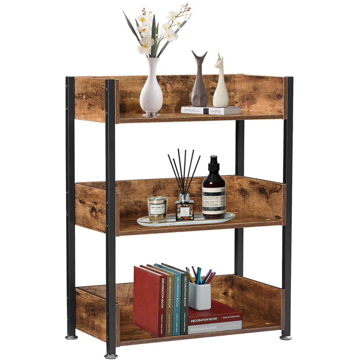 VECELO Bookshelf,Small Bookcase,3-Tier Storage Shelves,Industrial Shelving Unit for Living Room,Bedroom,Classroom,Antique Brown