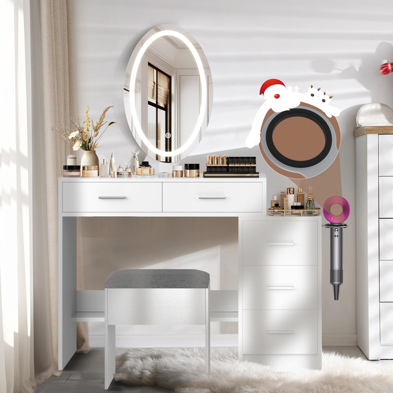 Oval Makeup Vanity Desk with Mirror and Lights, Vanity Mirror with Lights Desk and Chair