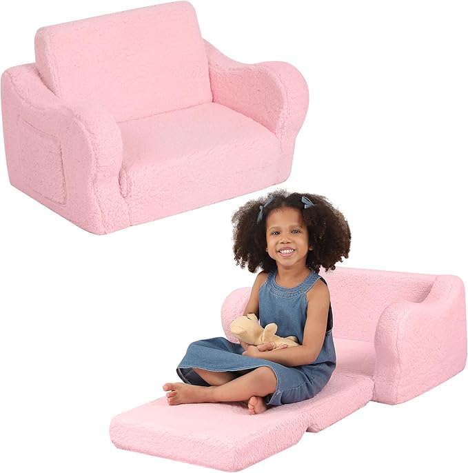 Extra Wide Toddler Chair, 2-in-1 Toddler Couch Fold Out, Convertible Sherpa Sofa to Lounger for Boys & Girls