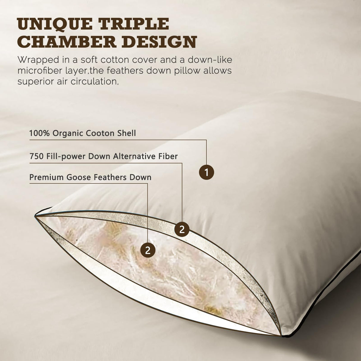 Feather Down Pillow Set of 2, Standard Size Medium Bed Pillow Inserts, Luxurious