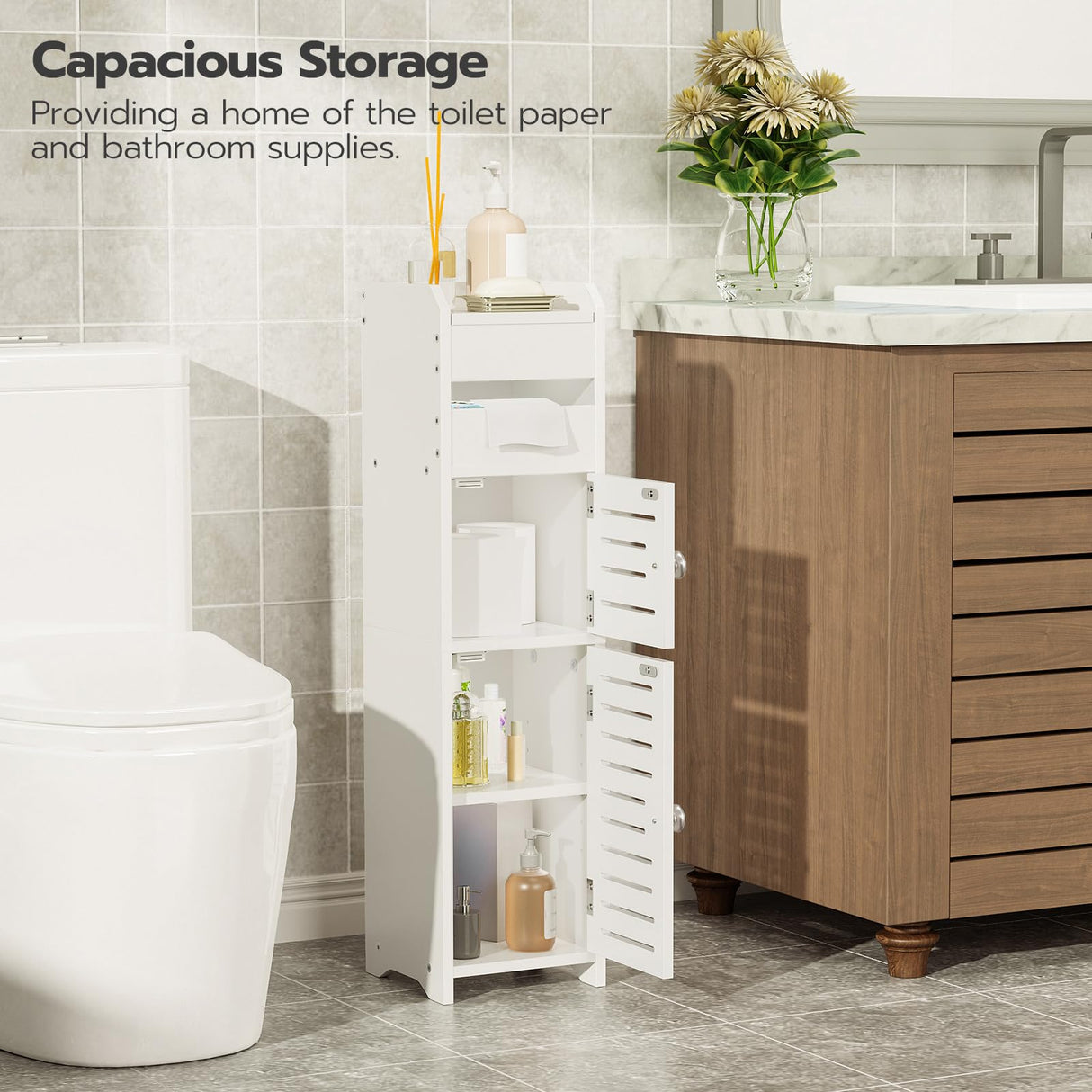 Small Bathroom Storage Cabinet with Door, Floor Cabinet Unit with Adjustable Shelves,