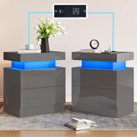 High Gloss LED Nightstand Set of 2 with Charging Station, Modern Bedside Table Night Stand