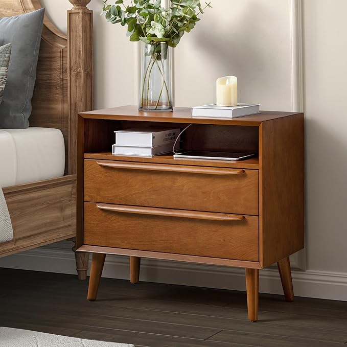 Nightstand with Charging Station, Mid-Century Modern 2 Drawer and Open Shelf Dresser