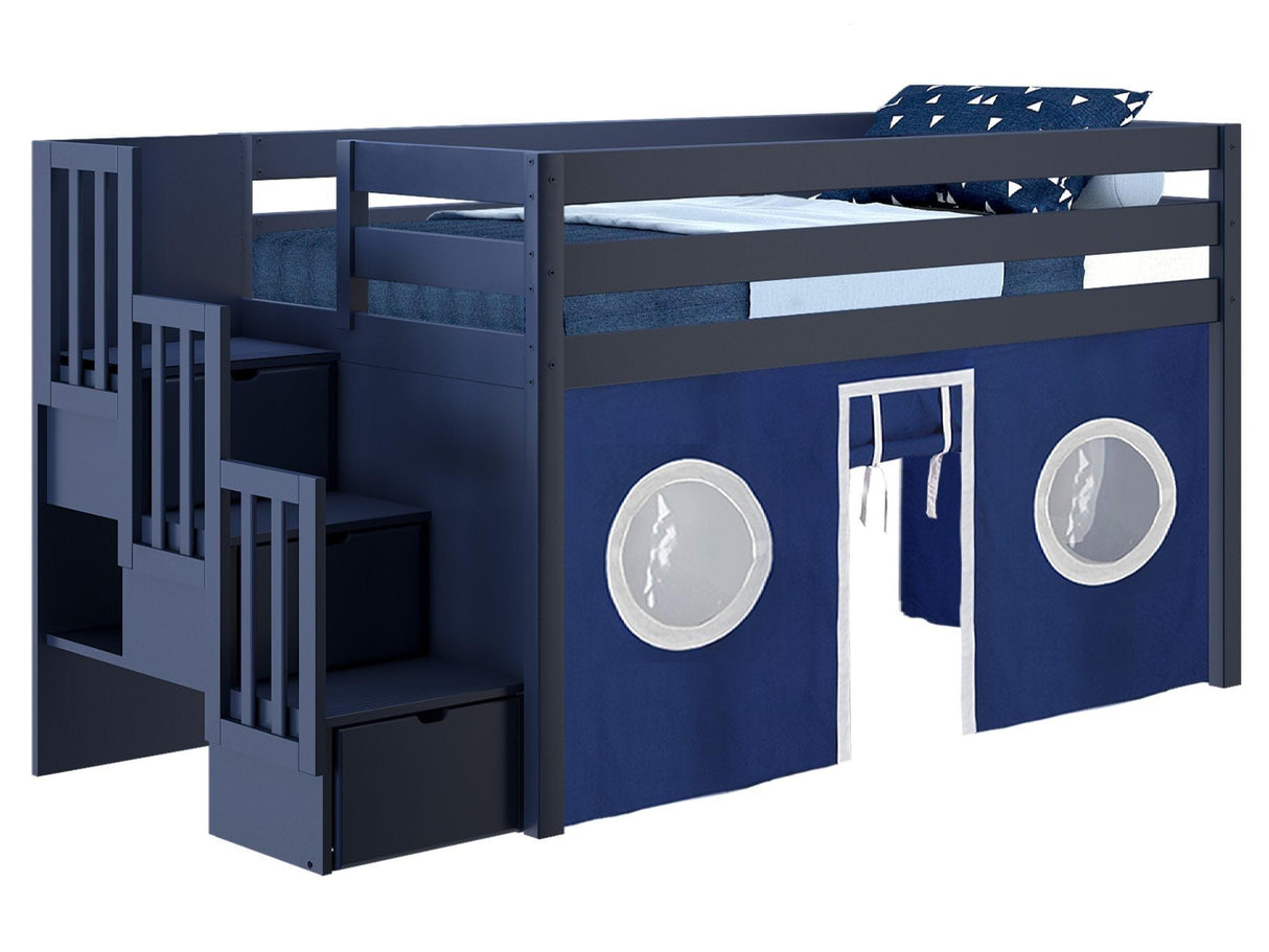 Contemporary Low Loft Twin Bed with a 3 Drawer Stairway, Blue with Blue & White Tent