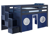 Contemporary Low Loft Twin Bed with a 3 Drawer Stairway, Blue with Blue & White Tent