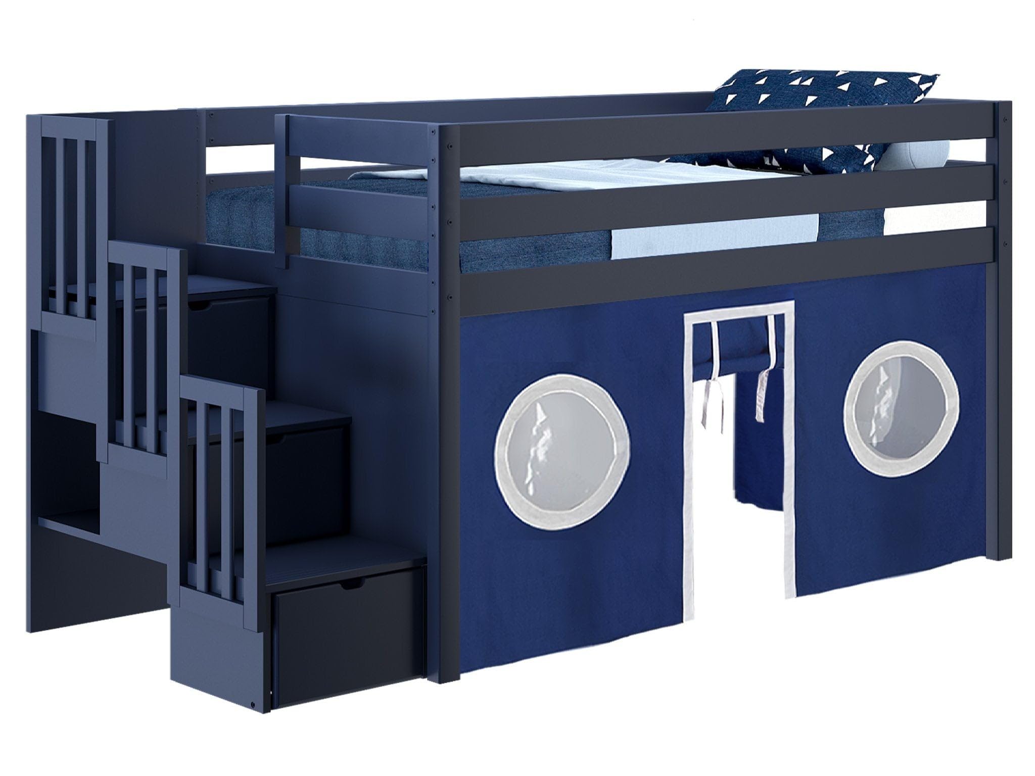 Contemporary Low Loft Twin Bed with a 3 Drawer Stairway, Blue with Blue & White Tent