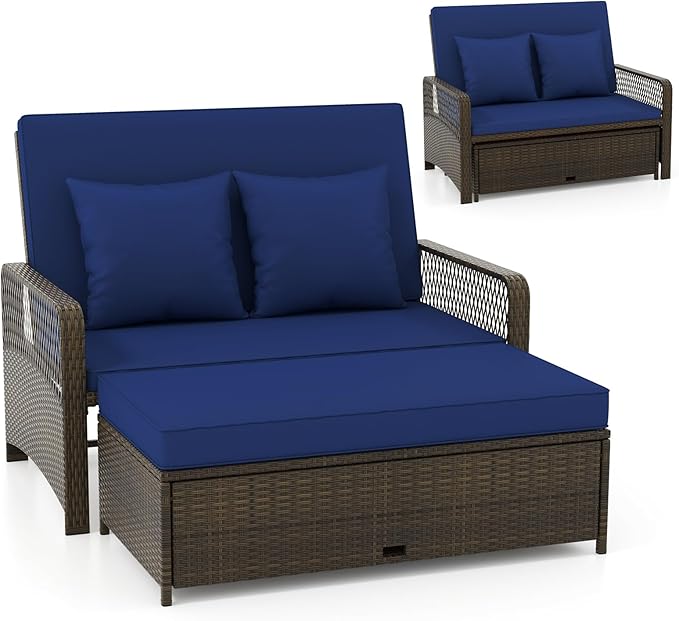 Outdoor Daybed, Wicker Loveseat Sofa Set with Storage Ottoman