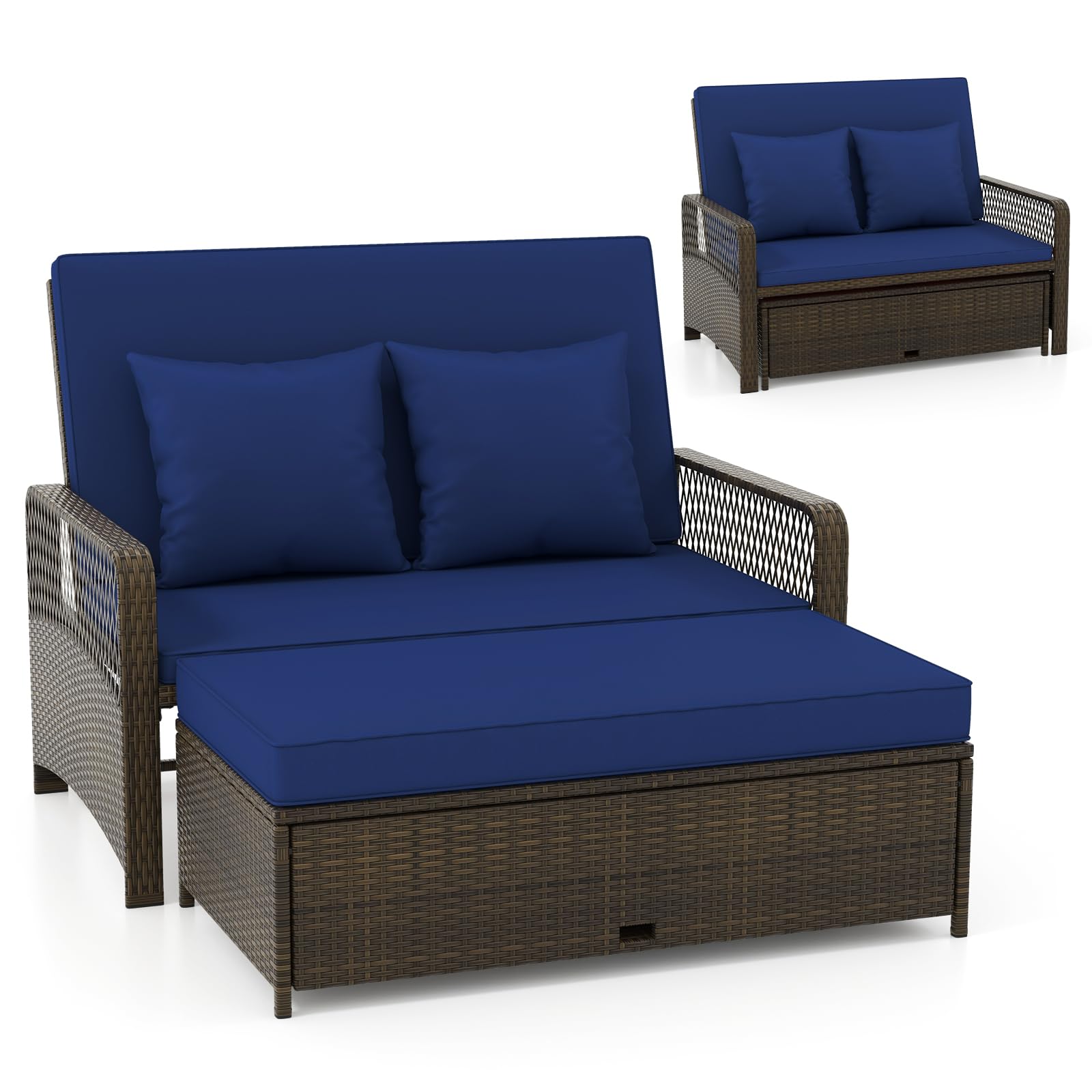 Outdoor Daybed, Wicker Loveseat Sofa Set with Storage Ottoman