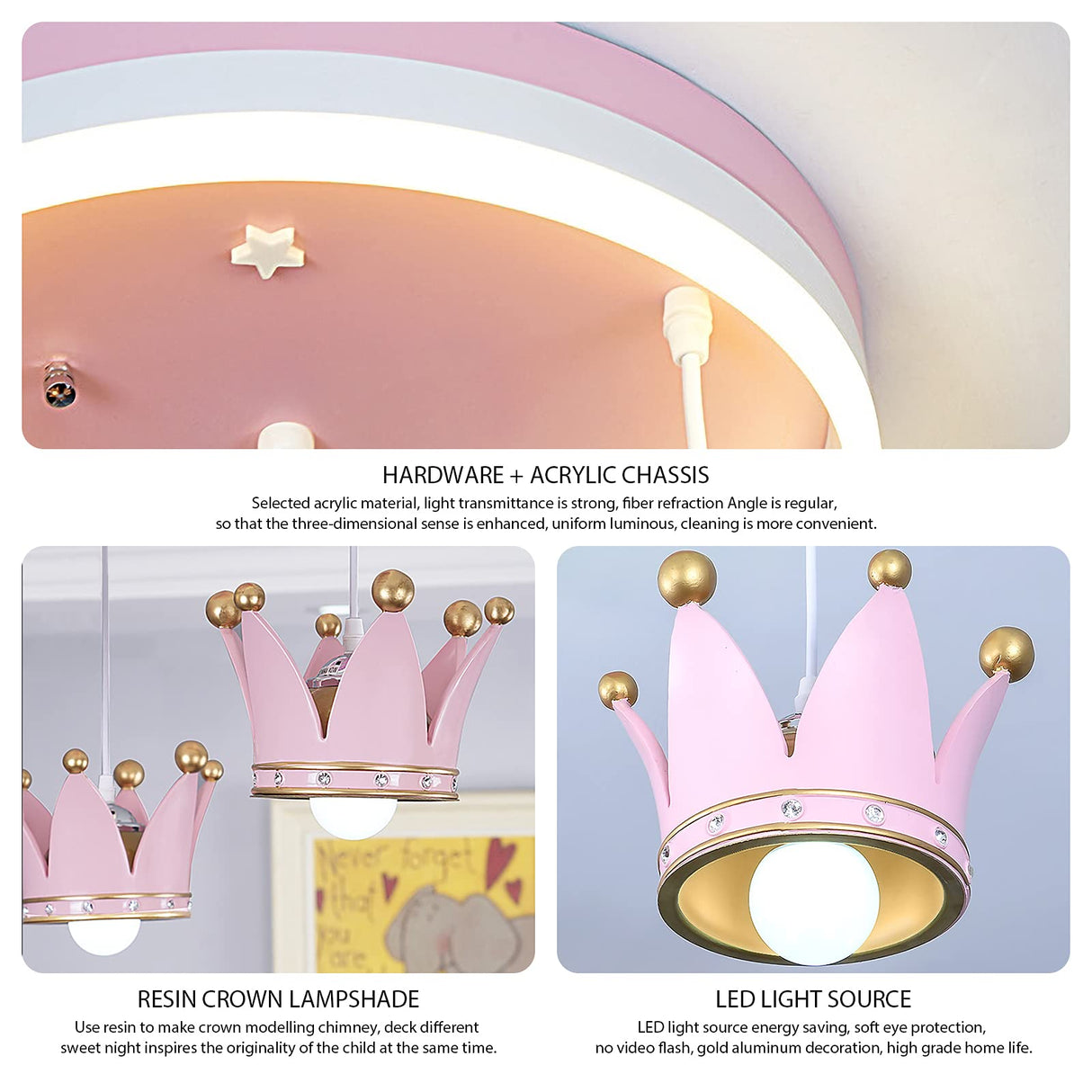 Pink Crown Chandelier for Kids Room - Modern Princess Pendant Light