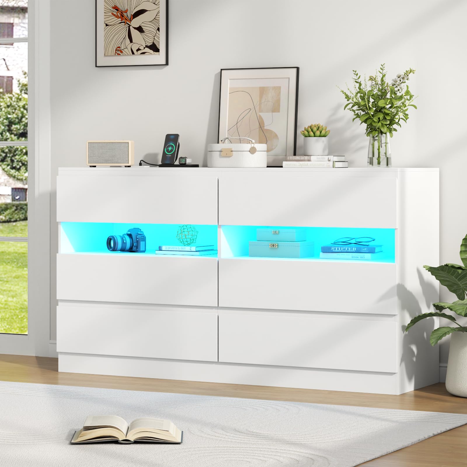 6 Drawer Dresser with Power Outlet, Modern Chest of Drawers with LED Light