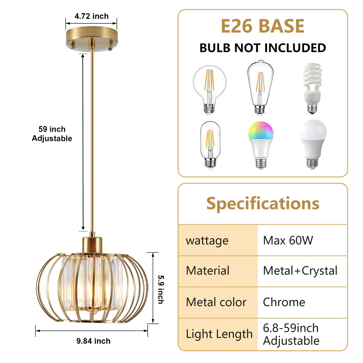 Gold Pendant Light Fixture, Modern Crystal Pendant Lights Kitchen Island, 1-Light