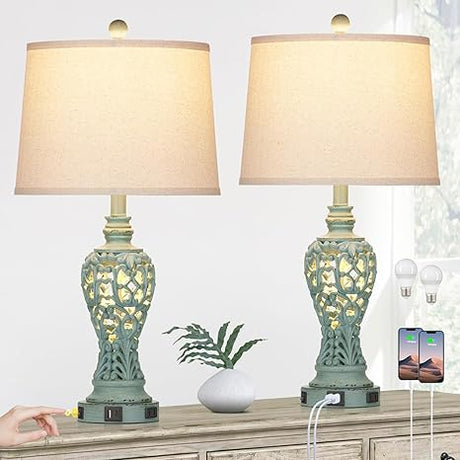 Farmhouse Table Lamps Set of 2 with Nightlight, Rustic Bedside Lamps