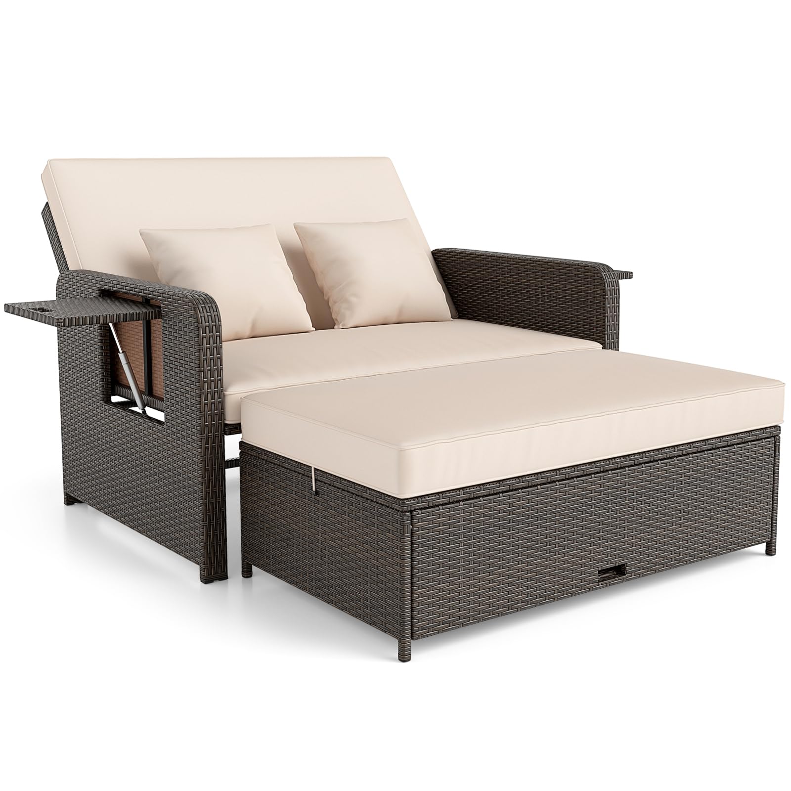 Outdoor Daybed with Storage Ottoman, Wicker Chaise Lounge Chair with Cushions