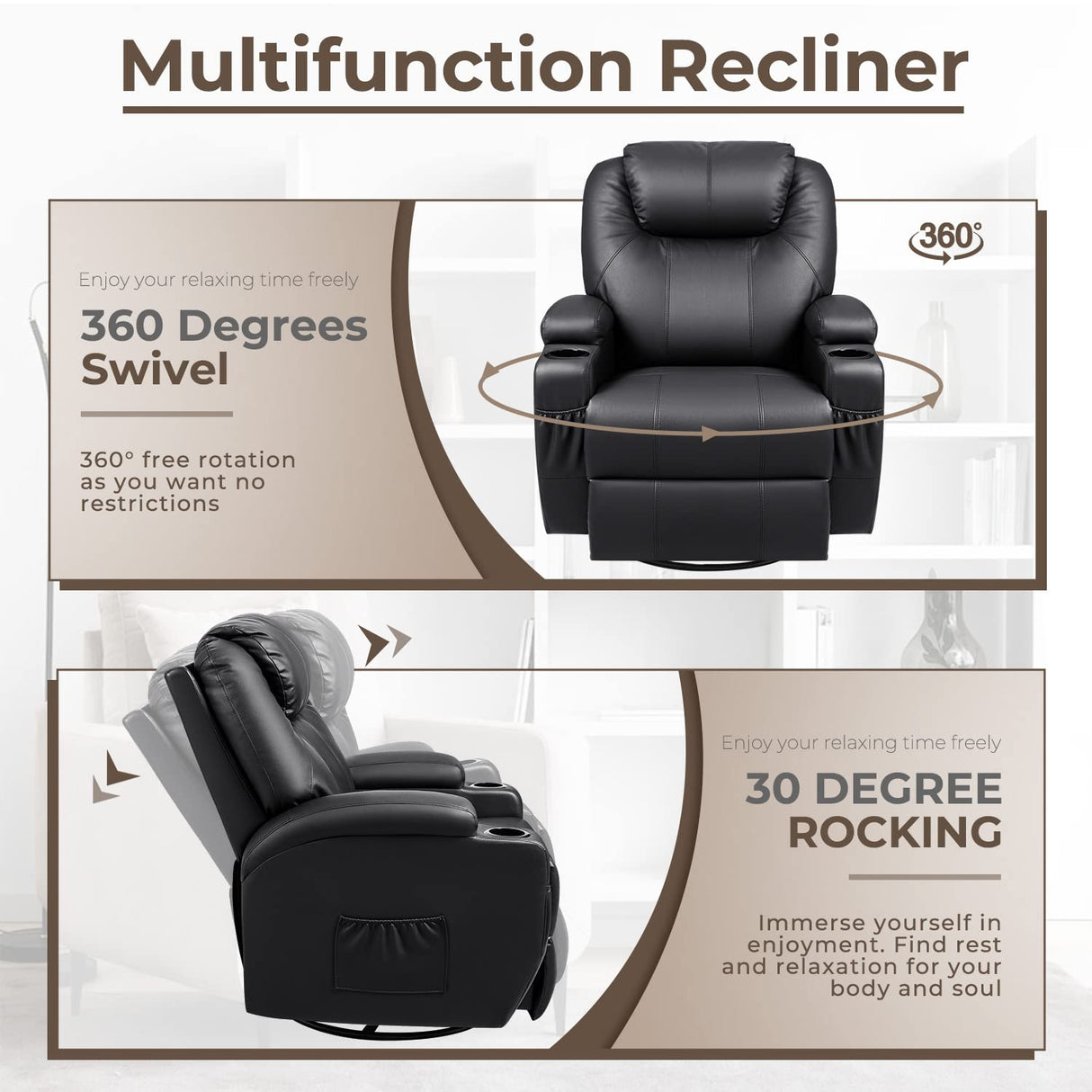 Rocker Recliner Chair with Massage for Elderly, Leather Adjustable 360°Swivel Rocking