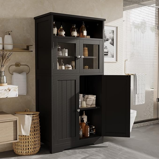 Bathroom Storage Cabinet, Bathroom Cabinet with Open Storage, Kitchen Pantry Cabinet with Doors, Bathroom Floor Cabinet, 23.6 x 11.8 x 50.4 Inches,