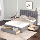 Upholstered Platform Bed with a Large Drawer in Footboard and 2 Drawer on Side,