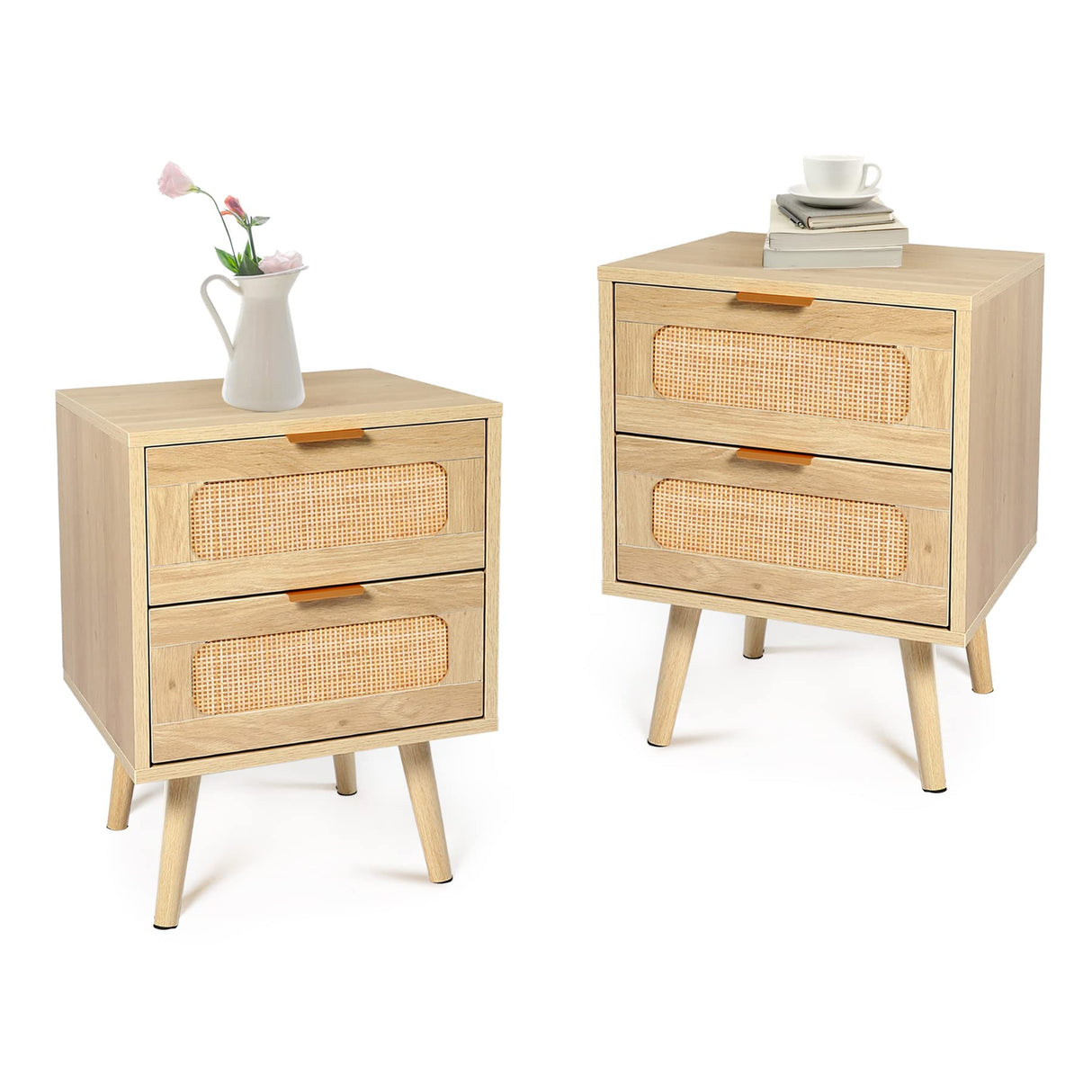 Nightstands Set of 2 with Rattan Drawer, Modern Night Stand for Bedrooms