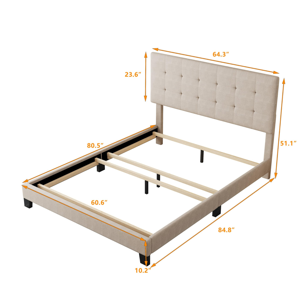 Upholstered Platform Bed with Tufted Headboard, Box Spring Needed Grey