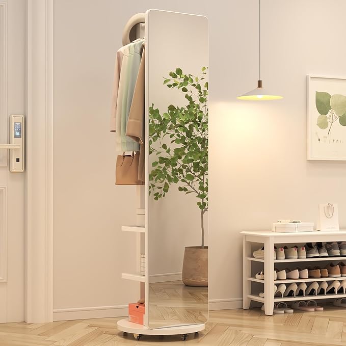 Wood Oversized Floor Mirror with Coat Rack, Full Body Mirror