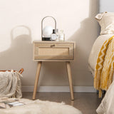 Boho Rattan Nightstand Set of 2, Mid Century Wood Night Stands with Rattan Weaving