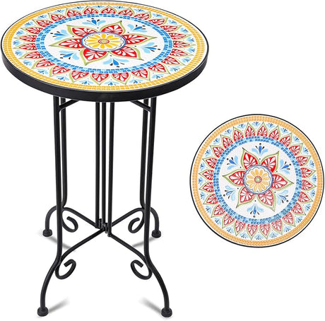 Mosaic Outdoor Side Table, 14" Round Small Patio Accent Table Indoor End Table