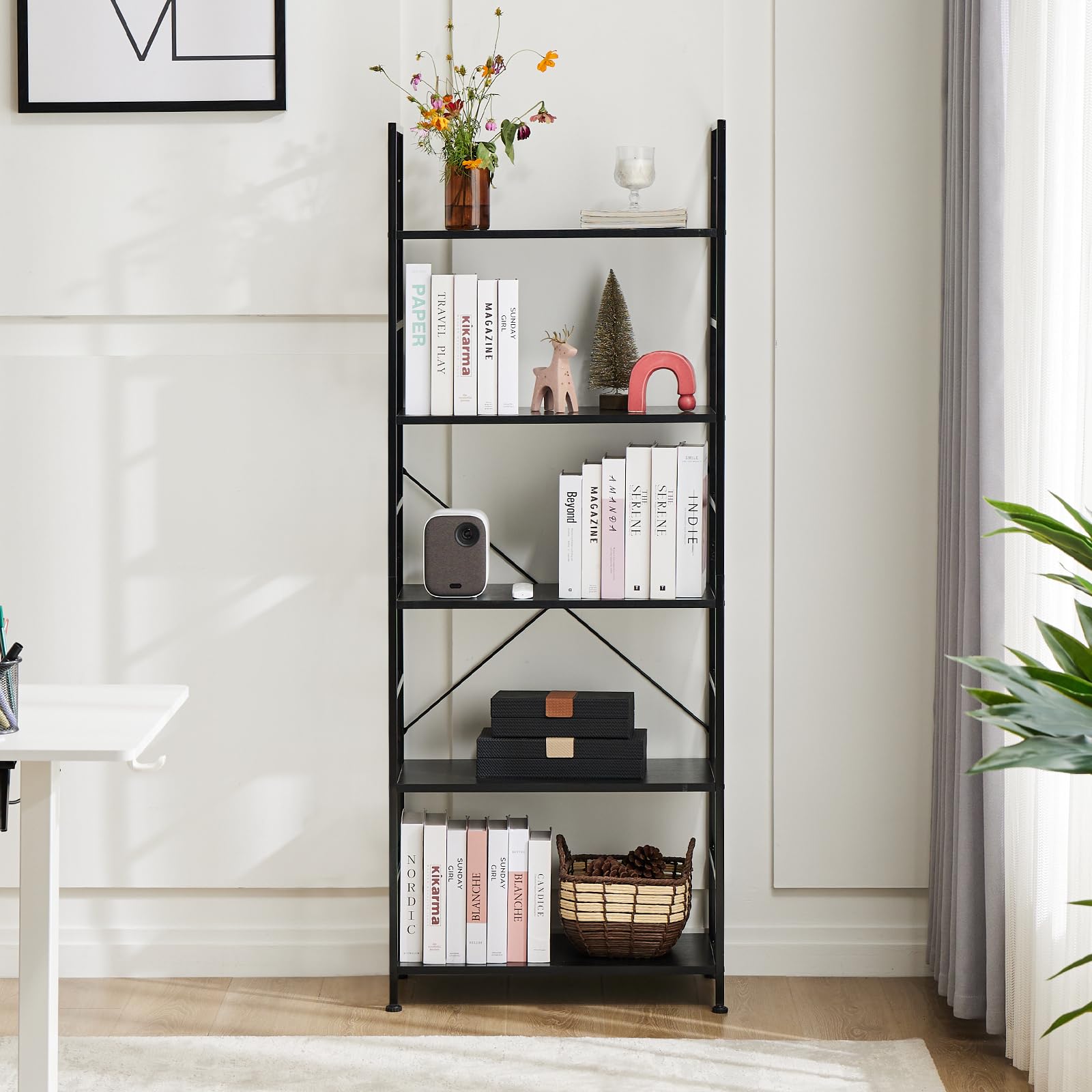 5-Tier Tall Bookcase, Bookshelf with Steel Frame, Modern Industrial Display Shelves,