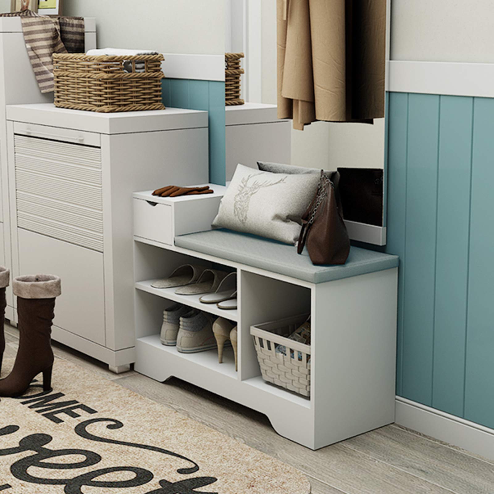 Shoe Storage Benches with Cushion Seating White