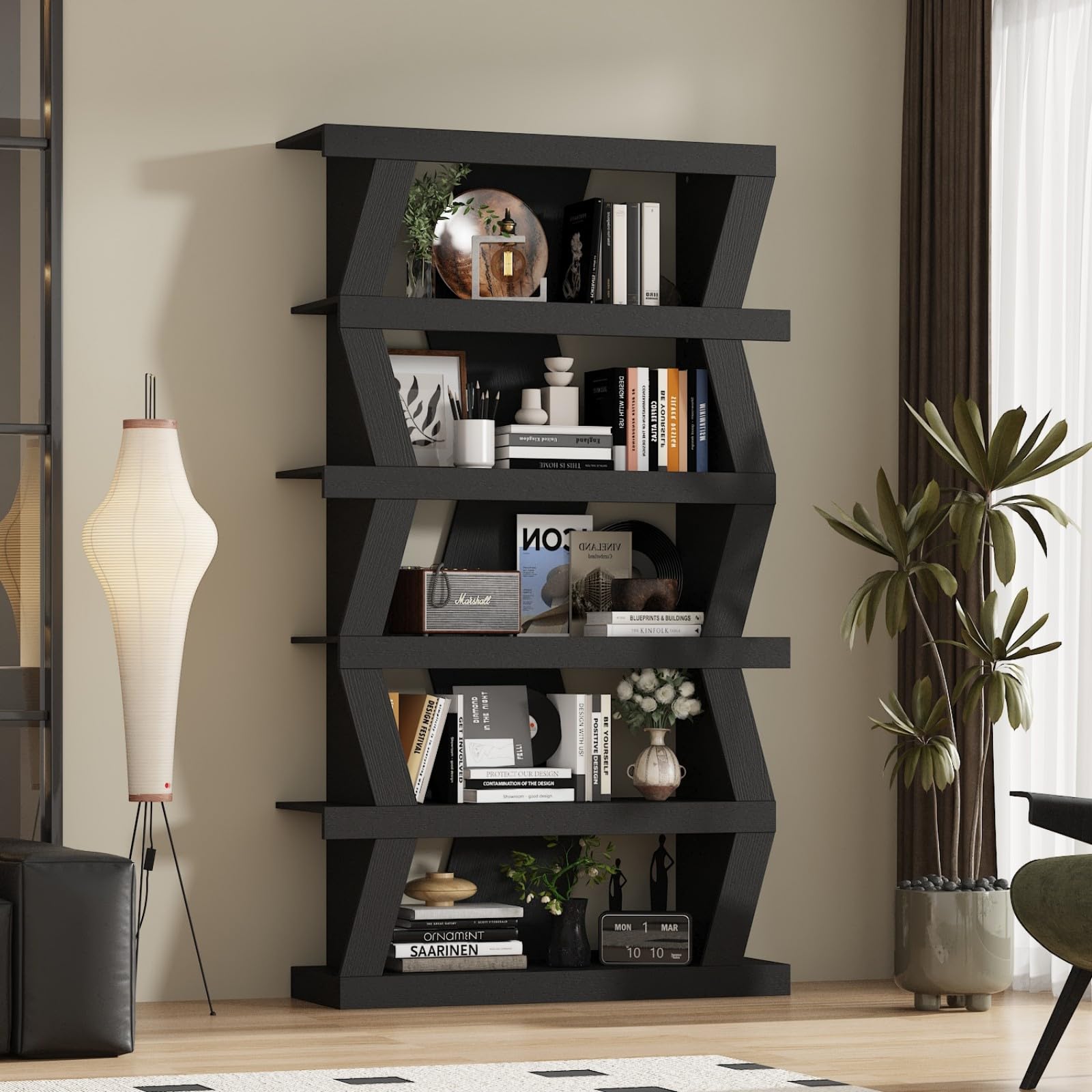 FAMAPY 63.8” Wavy-Shaped Bookshelf with 5-Tier Shelves, Standing Display Book Shelves, Book Case Shelf Wood Open Bookcase for Home Office Living Room 11.5”D x 35.4”W x 63.8”H